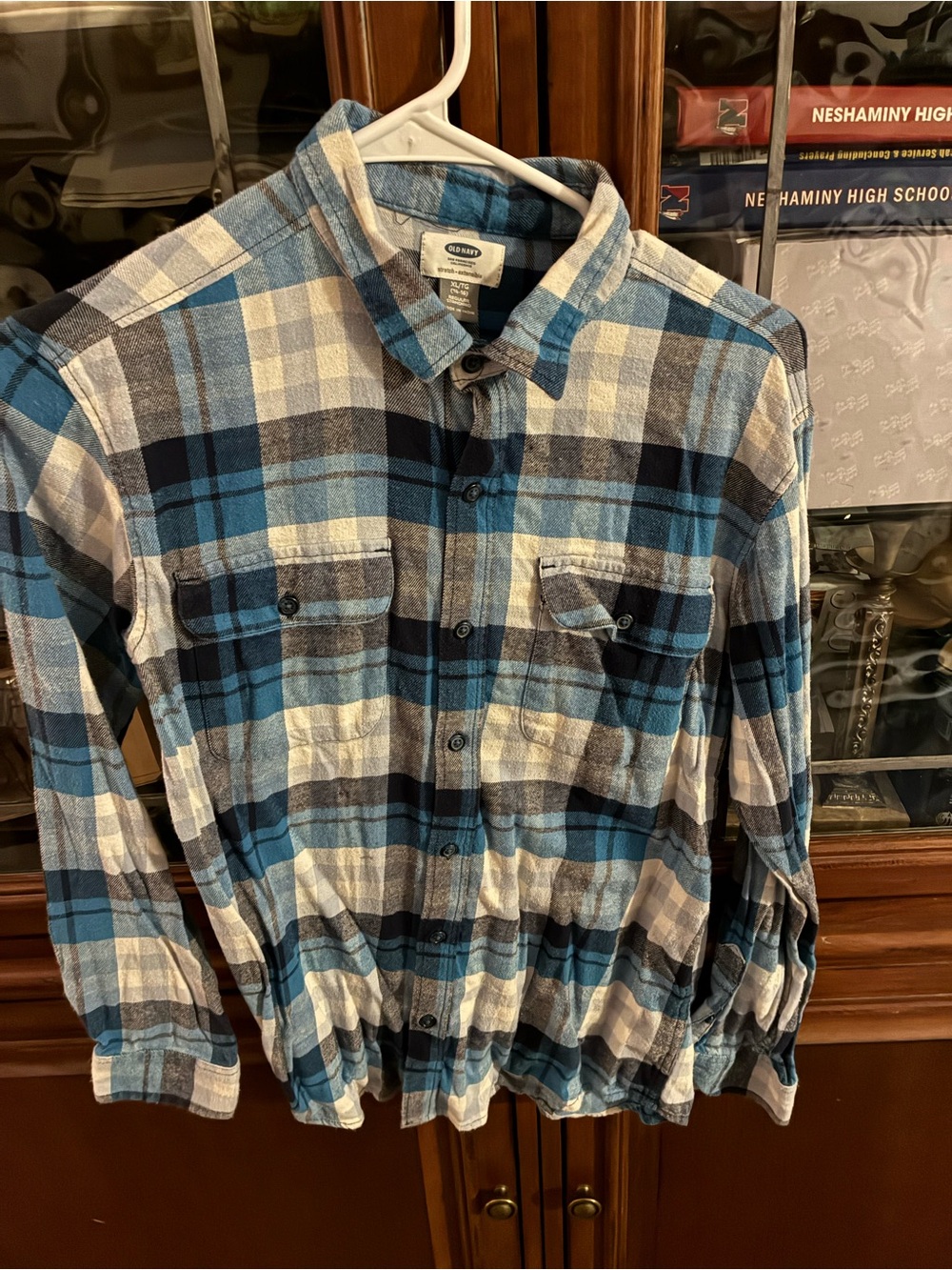 Old Navy Blue Plaid Flannel Button-Up Shirt Big Boy 14-16